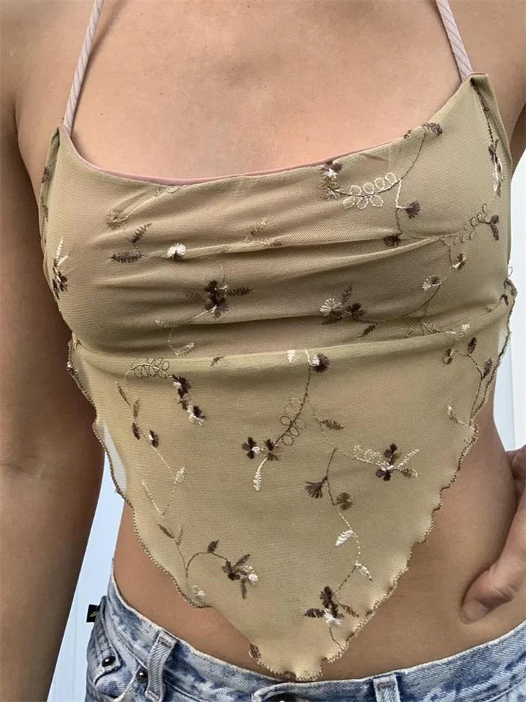 Y2K Backless Floral Retro  Halter Tie Up Off Shoulder Summer Cute Mini Vest Streetwear 2024 Crop Top