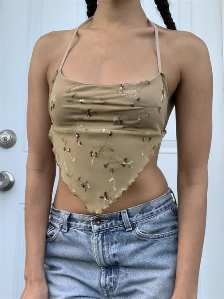 Y2K Backless Floral Retro  Halter Tie Up Off Shoulder Summer Cute Mini Vest Streetwear 2024 Crop Top