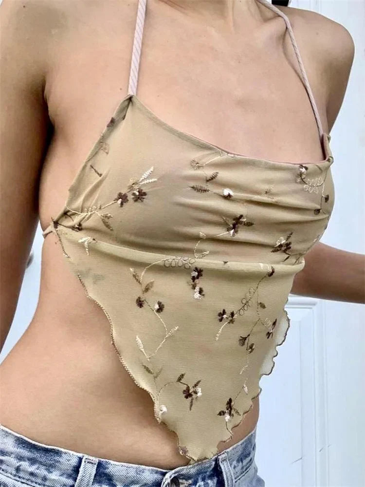 Y2K Backless Floral Retro  Halter Tie Up Off Shoulder Summer Cute Mini Vest Streetwear 2024 Crop Top