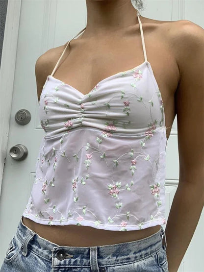 Backless Floral Vintage  Halter Tie Up Off Shoulder Camisole Cute Mini Streetwear Crop Top
