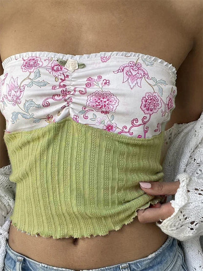 Y2K  Strapless Tube Fairy Grunge Summer Knitted Floral Print Patchwork Vest Streetwear 2024 Crop Top