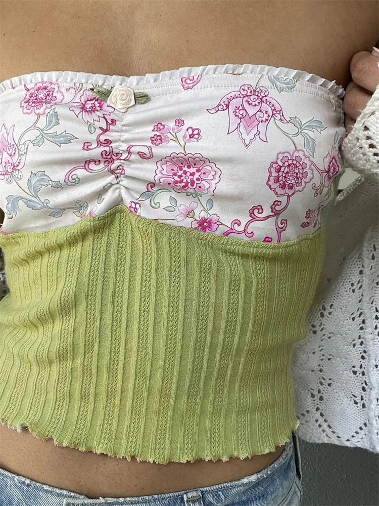Y2K  Strapless Tube Fairy Grunge Summer Knitted Floral Print Patchwork Vest Streetwear 2024 Crop Top