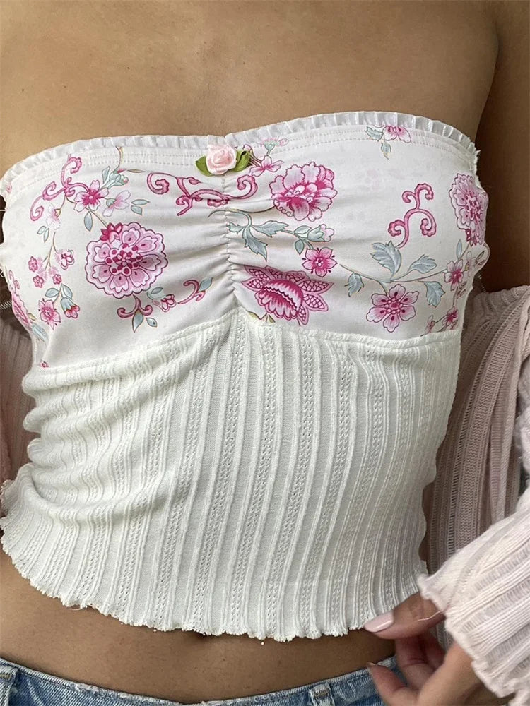 Y2K  Strapless Tube Fairy Grunge Summer Knitted Floral Print Patchwork Vest Streetwear 2024 Crop Top