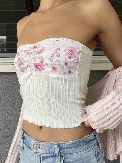 Y2K  Strapless Tube Fairy Grunge Summer Knitted Floral Print Patchwork Vest Streetwear 2024 Crop Top