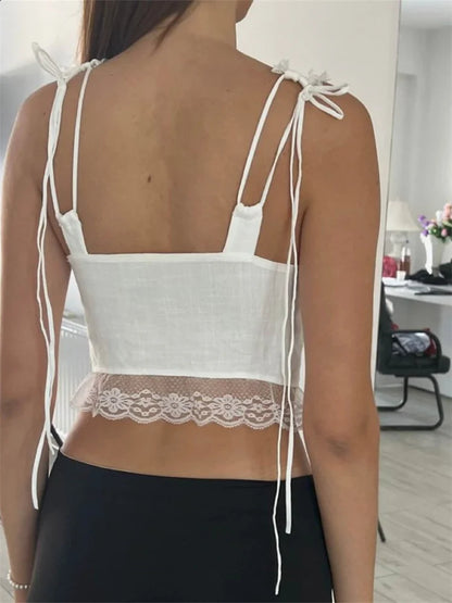 Women Y2K Sleeveless Spaghetti Strap Top  Lace Patchwork Front Tie-up Summer Mini Vest Streetwear 2024 Crop Top