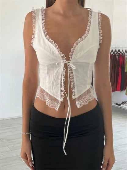 Women Y2K Sleeveless Spaghetti Strap Top  Lace Patchwork Front Tie-up Summer Mini Vest Streetwear 2024 Crop Top
