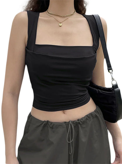 Y2K  Women Summer Vest Square Neck Sleeveless Solid Slim Fit Cropped Black Vintage Clothes 2024 Crop Top