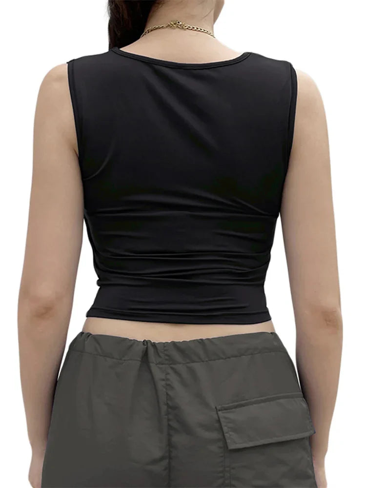Y2K  Women Summer Vest Square Neck Sleeveless Solid Slim Fit Cropped Black Vintage Clothes 2024 Crop Top
