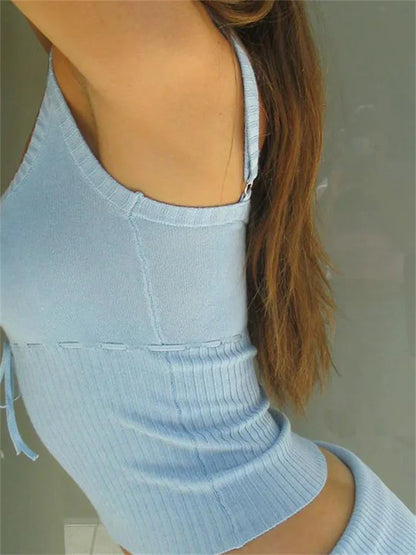 Y2K Vintage Backless Slim Fit Chic Bow Tie Up Knitted  Adjustable Strap Retro Vest Clubwear 2024 Crop Top