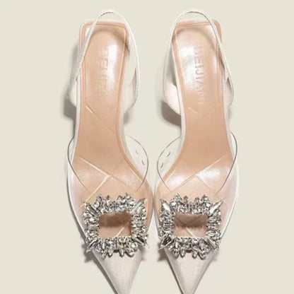 Classic Square Rhinestone Summer  Pointed Slingback Simple Elegant Low Heel Pumps