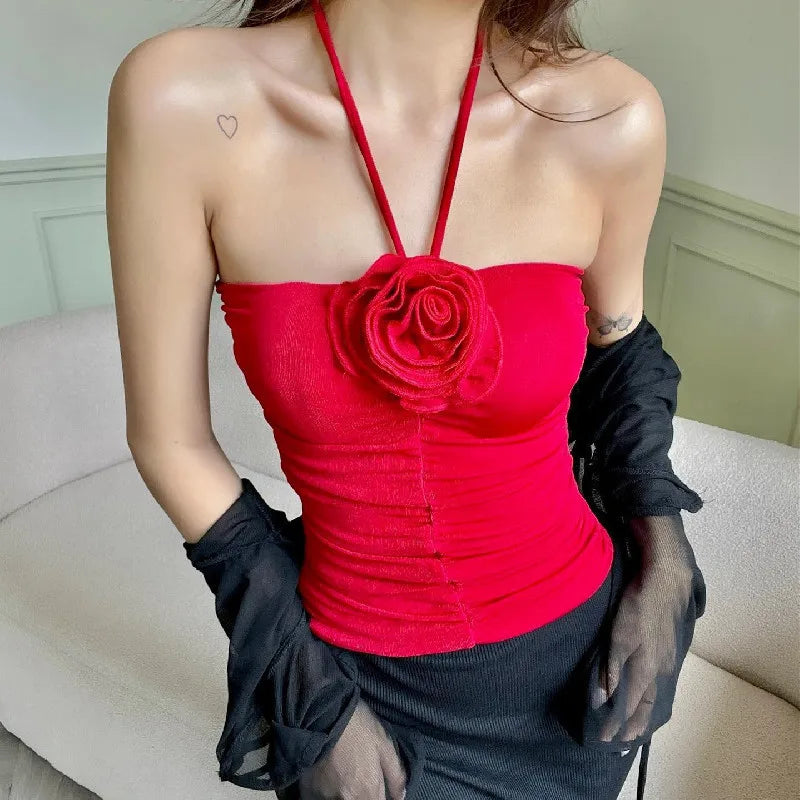 3D Rosette Halter Crop Top