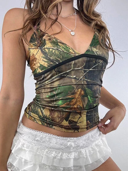 Printed Halter Backless Crop Top