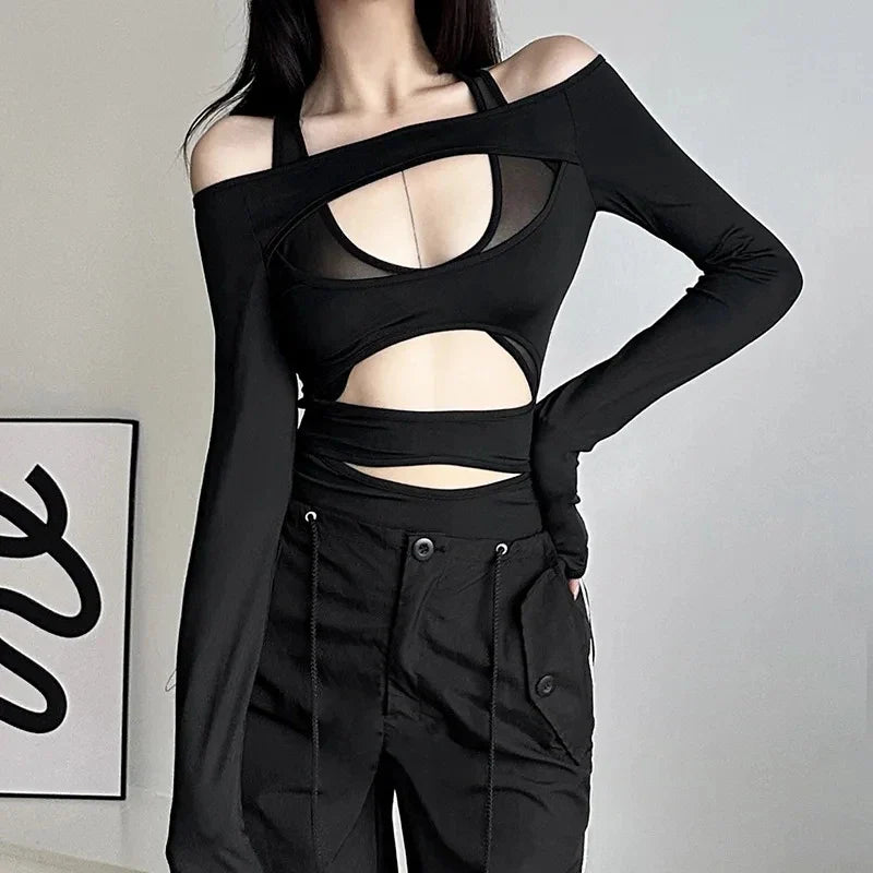 Cyber Punk Hollow Out  Mall Gothic Bodycon Mesh Sheer Patchwork Crop Top