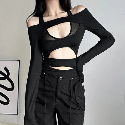 Cyber Punk Hollow Out  Mall Gothic Bodycon Mesh Sheer Patchwork Crop Top
