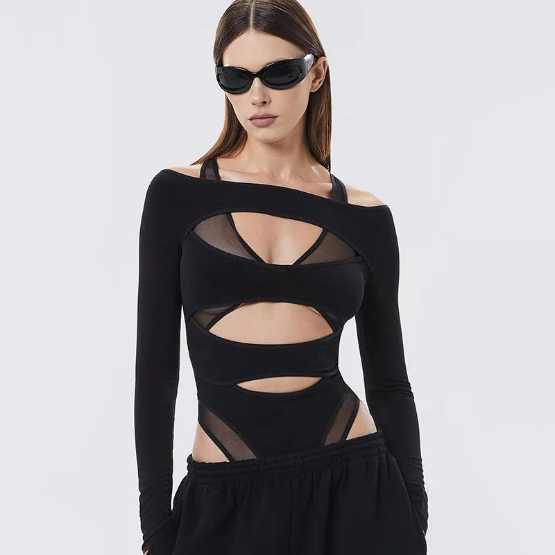 Cyber Punk Hollow Out  Mall Gothic Bodycon Mesh Sheer Patchwork Crop Top