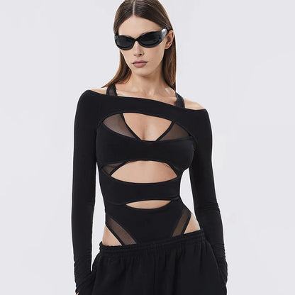 Cyber Punk Hollow Out  Mall Gothic Bodycon Mesh Sheer Patchwork Crop Top