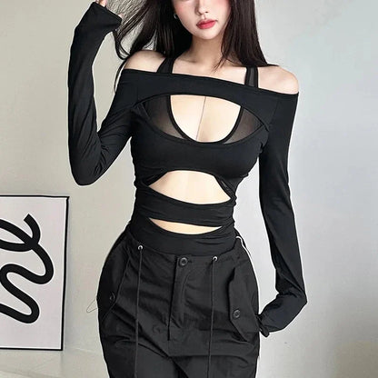 Cyber Punk Hollow Out  Mall Gothic Bodycon Mesh Sheer Patchwork Crop Top