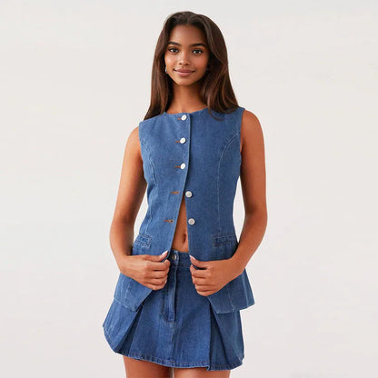 Denim Solid Button Sleeveless Office Two Piece Set