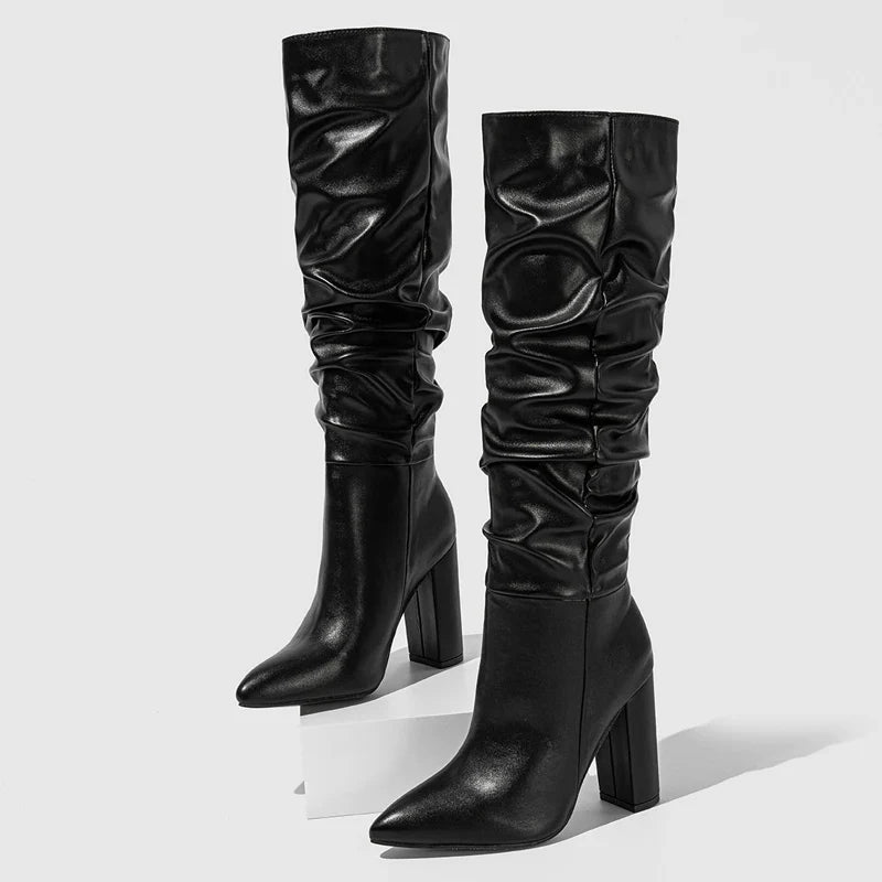 2024 Spring Fashion Pleated Chunky Heels  Slip On Pointed Toe Knee High Boots