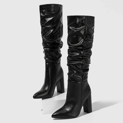 2024 Spring Fashion Pleated Chunky Heels  Slip On Pointed Toe Knee High Boots