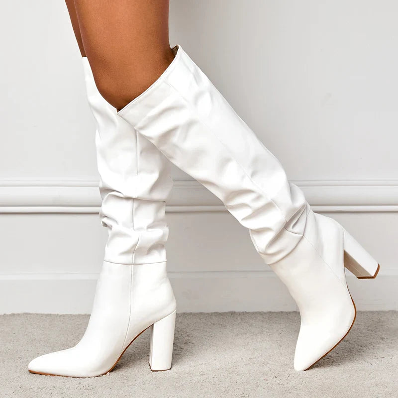 2024 Spring Fashion Pleated Chunky Heels  Slip On Pointed Toe Knee High Boots