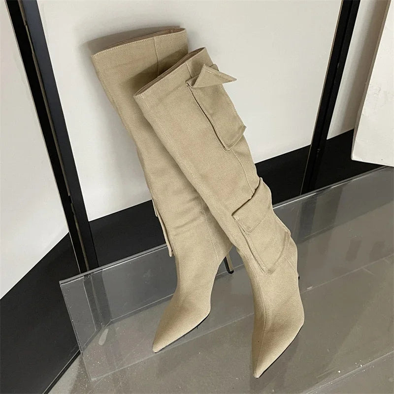 2024 New Winter  Pointed Toe Thin Heels Stripper Largas De Mujer Knee High Boots
