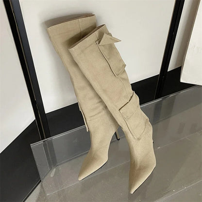 2024 New Winter  Pointed Toe Thin Heels Stripper Largas De Mujer Knee High Boots