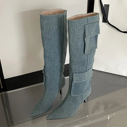 2024 New Winter  Pointed Toe Thin Heels Stripper Largas De Mujer Knee High Boots