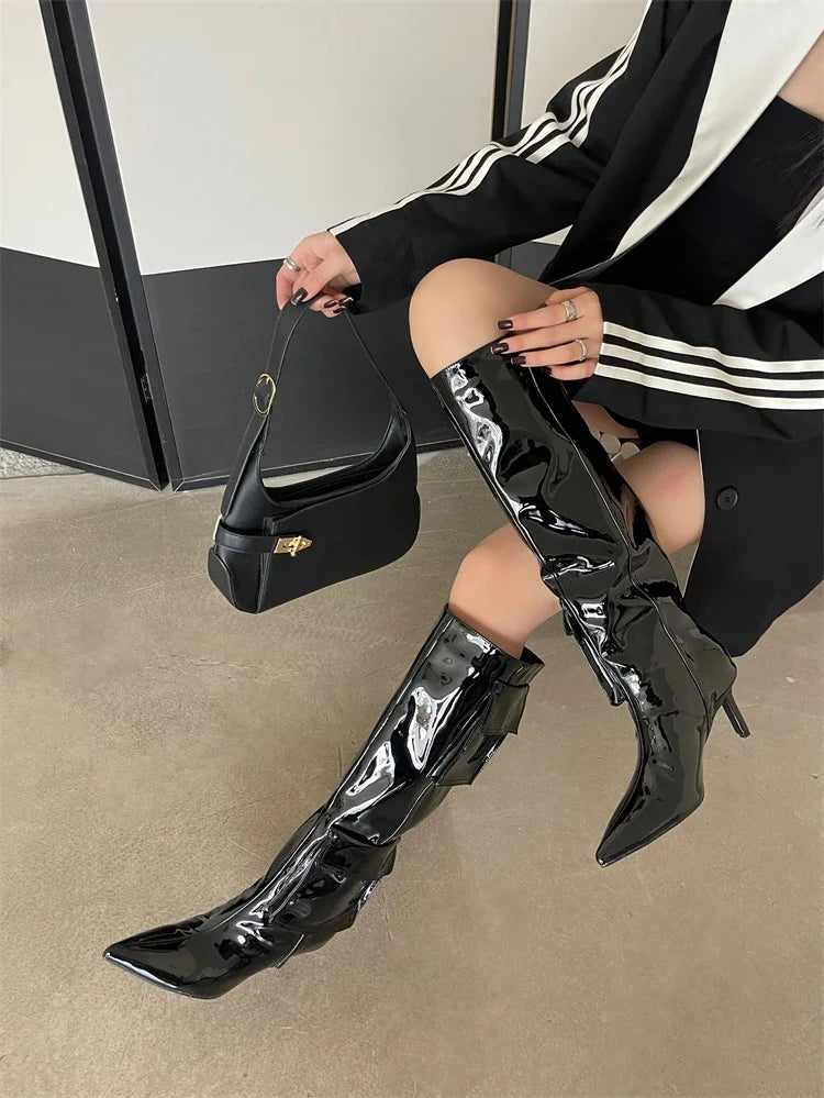 2024 New Winter  Pointed Toe Thin Heels Stripper Largas De Mujer Knee High Boots