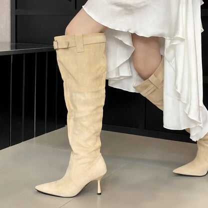 2024 Winter Buckle Strap  Pointed Toe Thin Heels Thigh Long Knee High Boots