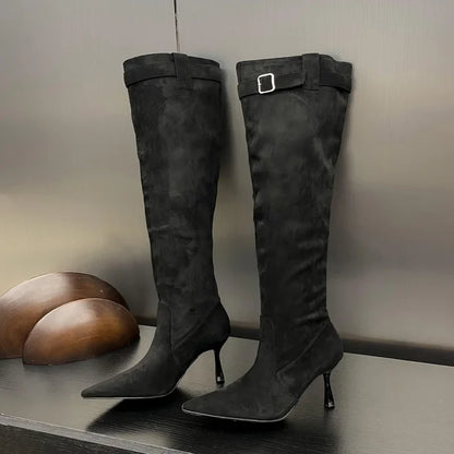 2024 Winter Buckle Strap  Pointed Toe Thin Heels Thigh Long Knee High Boots
