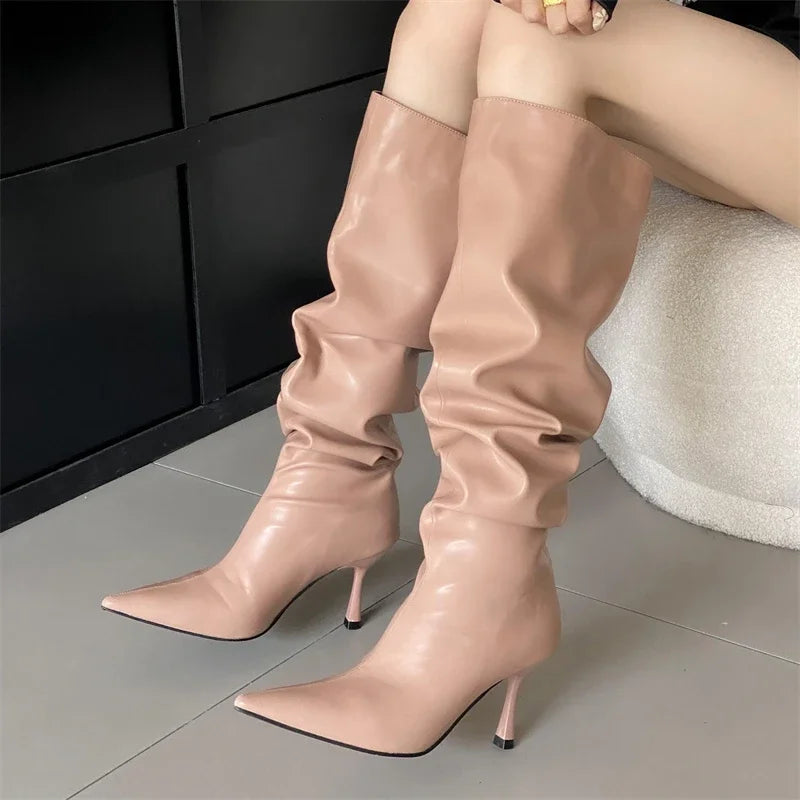 2024 Winter  Pleated Designer Pointed Toe Long Thin Heels Knee High Boots