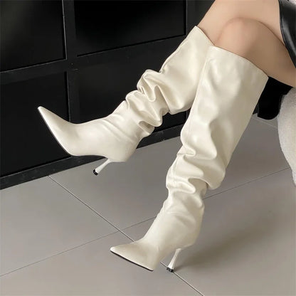 2024 Winter  Pleated Designer Pointed Toe Long Thin Heels Knee High Boots