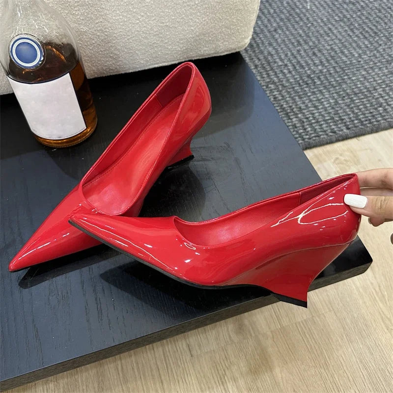 Design Pointed Toe Wedges Highs Women Silver Red Shoes  Wedding Banquet Shoes Low Heel Pumps