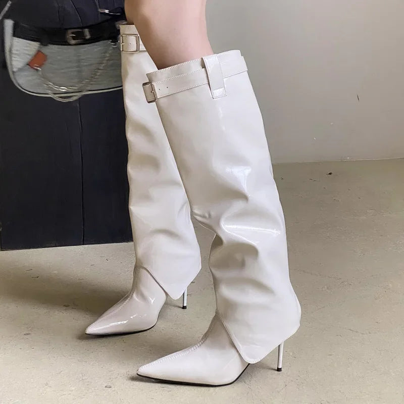 Designer  Patent Leather Thin Heels Long Belt Buckle Stripper Knee High Boots