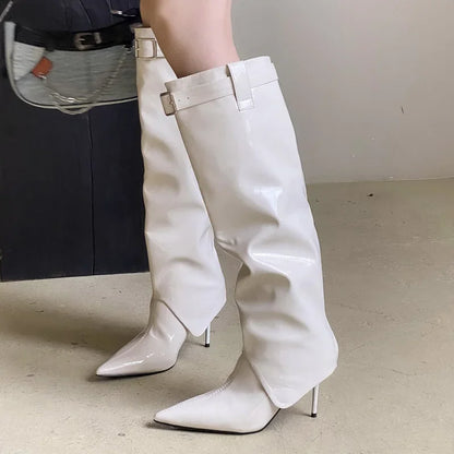 Designer  Patent Leather Thin Heels Long Belt Buckle Stripper Knee High Boots