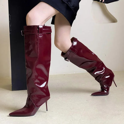 Designer  Patent Leather Thin Heels Long Belt Buckle Stripper Knee High Boots