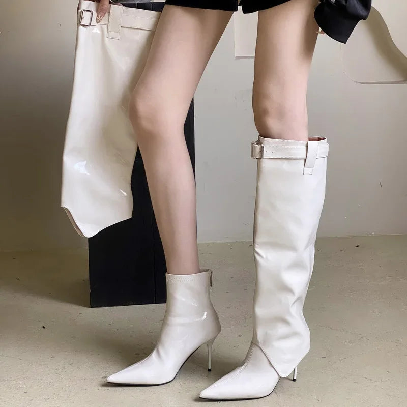 Designer  Patent Leather Thin Heels Long Belt Buckle Stripper Knee High Boots