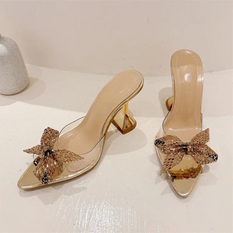 Elegant Glitter Peep Toe Women Slippers  PVC Transparent High Banquet Party Mule Shoes Low Heel Pumps