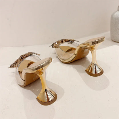 Elegant Glitter Peep Toe Women Slippers  PVC Transparent High Banquet Party Mule Shoes Low Heel Pumps