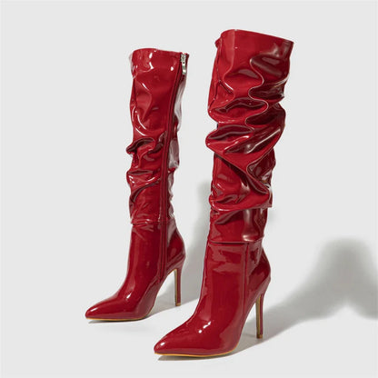 Fashion Patent Leather  Pointed Toe Thin Heels Zipper Long Knee High Boots