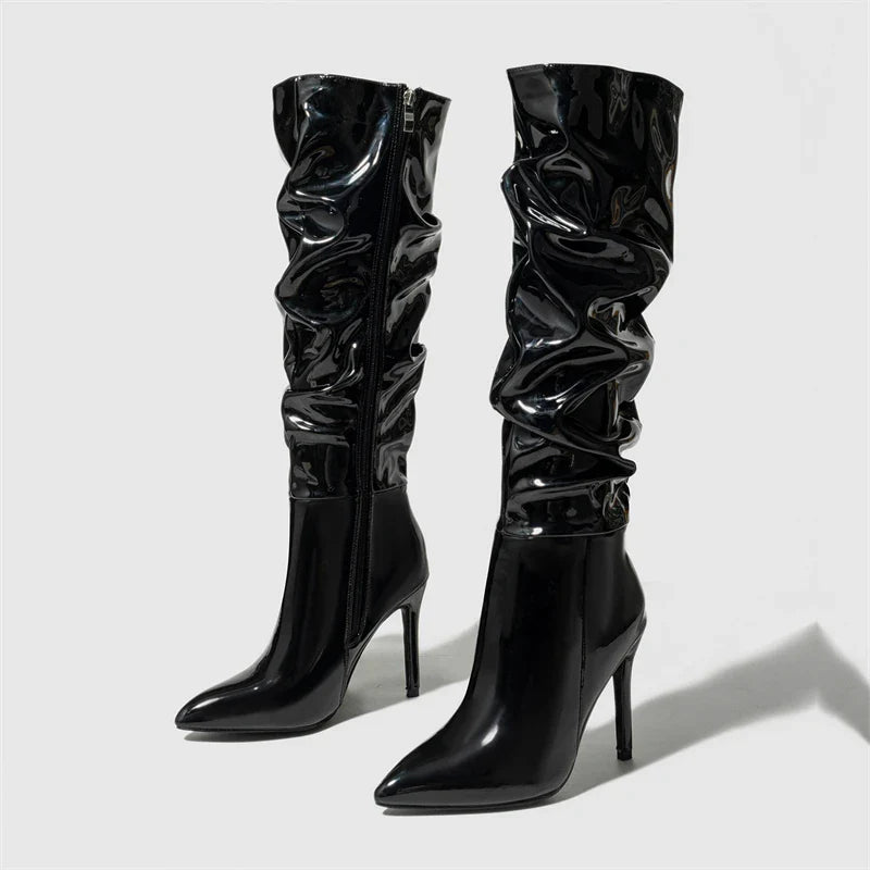 Fashion Patent Leather  Pointed Toe Thin Heels Zipper Long Knee High Boots