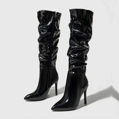 Fashion Patent Leather  Pointed Toe Thin Heels Zipper Long Knee High Boots