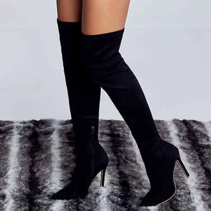 Fashion Pointed Toe Thin Heels  Flock Thigh Long Autumn Winter Knee High Boots