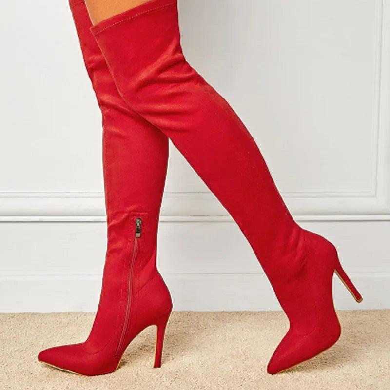 Fashion Pointed Toe Thin Heels  Flock Thigh Long Autumn Winter Knee High Boots