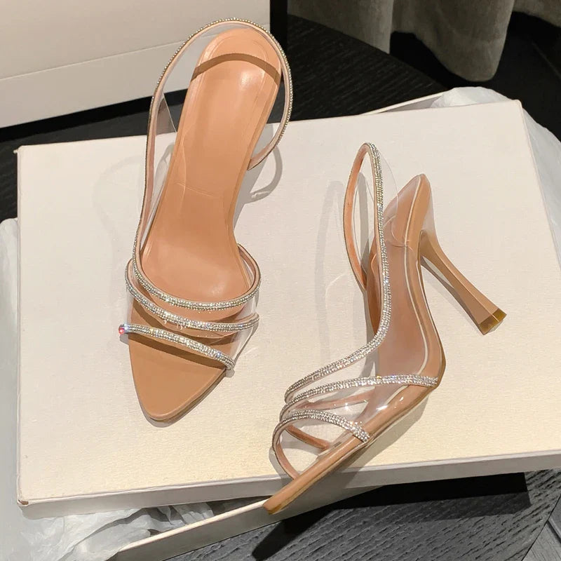 Summer  Slingback Highs Rhinestones Elegant Pointed Toe Transparent PVC Party Shoes Low Heel Pumps