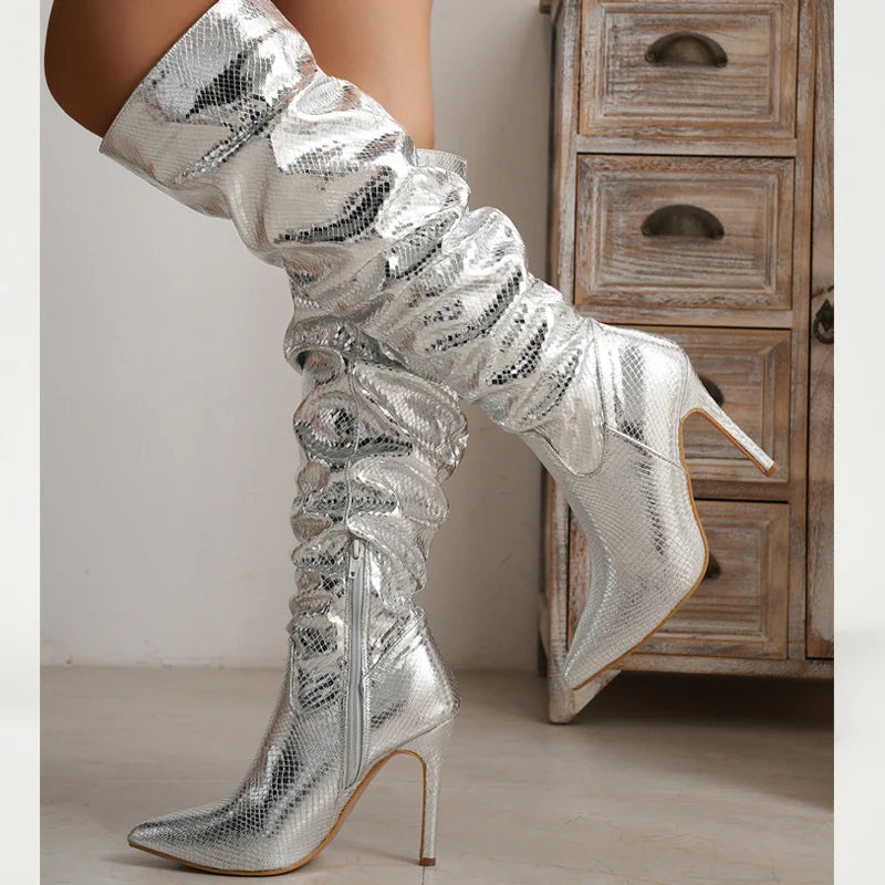 Fashion Silver  Pointed Toe Thin Heels Long Side Zipper Knee High Boots