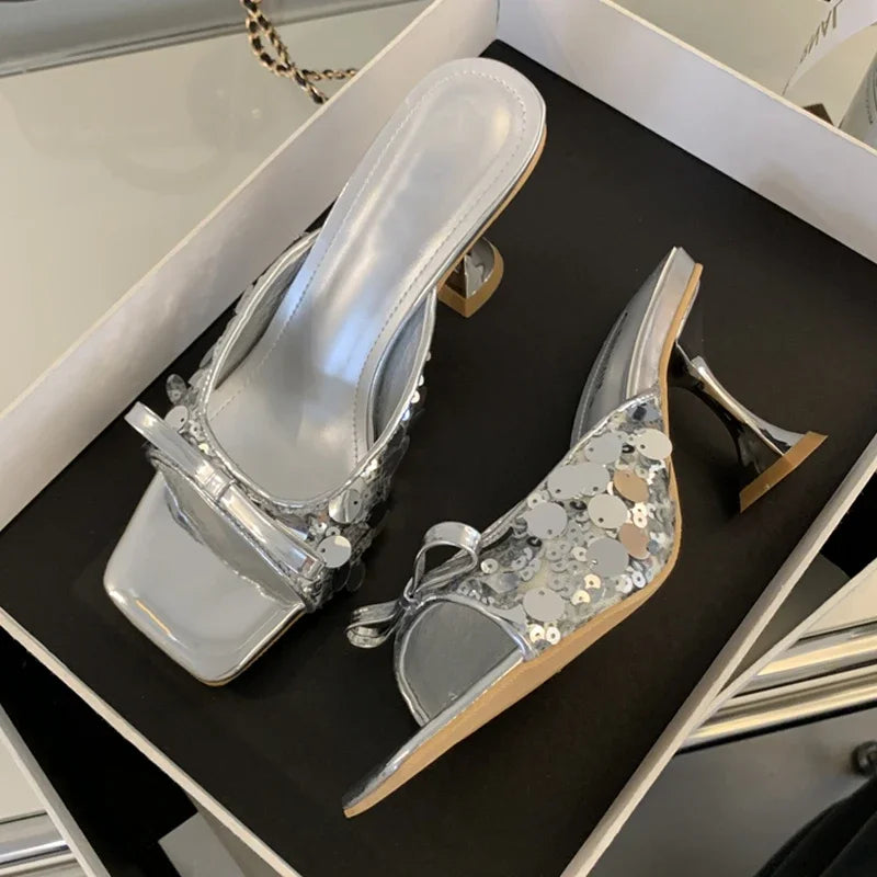 Sequined Square Toe Women Slippers  Butterfly-knot Elegant High Dress Shoes Low Heel Pumps