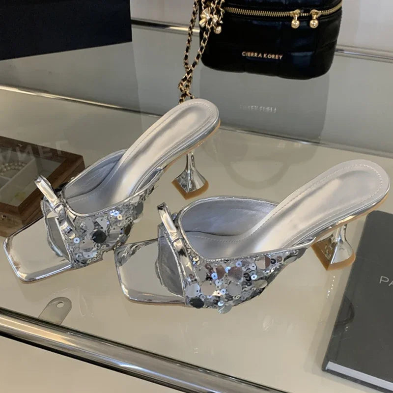 Sequined Square Toe Women Slippers  Butterfly-knot Elegant High Dress Shoes Low Heel Pumps