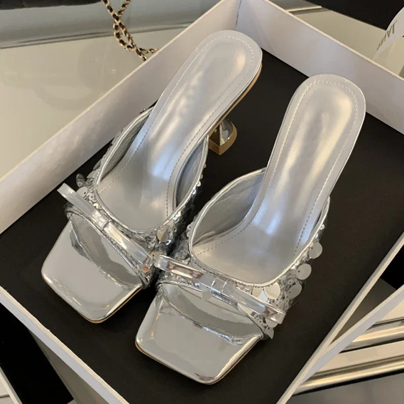Sequined Square Toe Women Slippers  Butterfly-knot Elegant High Dress Shoes Low Heel Pumps